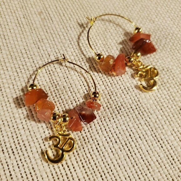 PinkDiva Jewelry - Gemstone Yoga Om Mantra Hoop Earrings 14K Gold Plated Red Agate